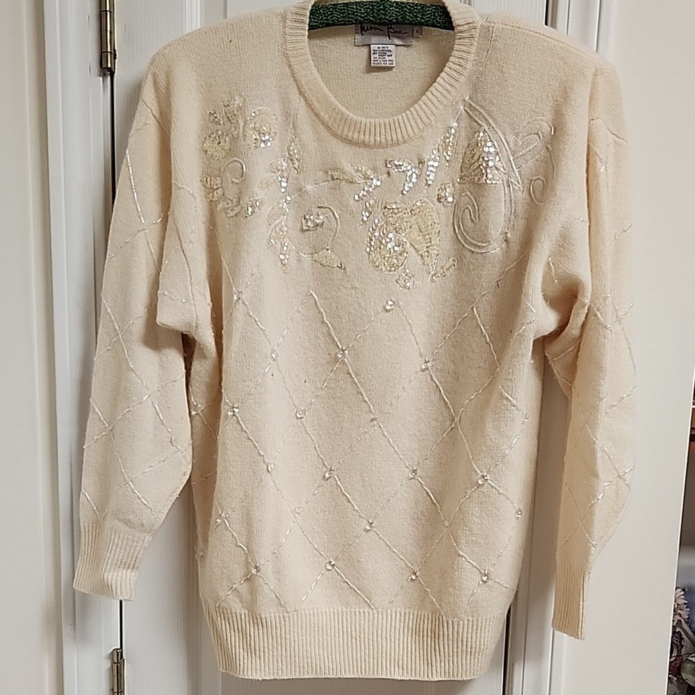 Cream Crew Neck Sweater with Intricate Embellishment